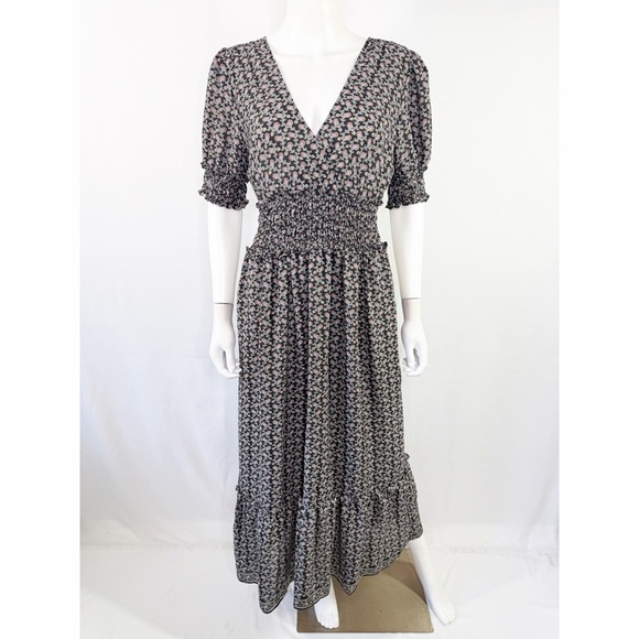 Max Studio Dresses & Skirts - Max Studio Black Floral Maxi Dress Size L Casual Boho Short Sleeve V-Neck